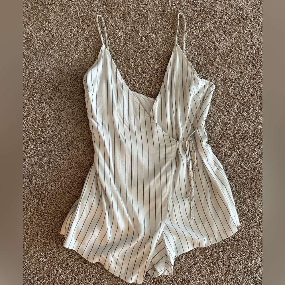Pinstripe wrap front romper from hallelu Wrightsville beach